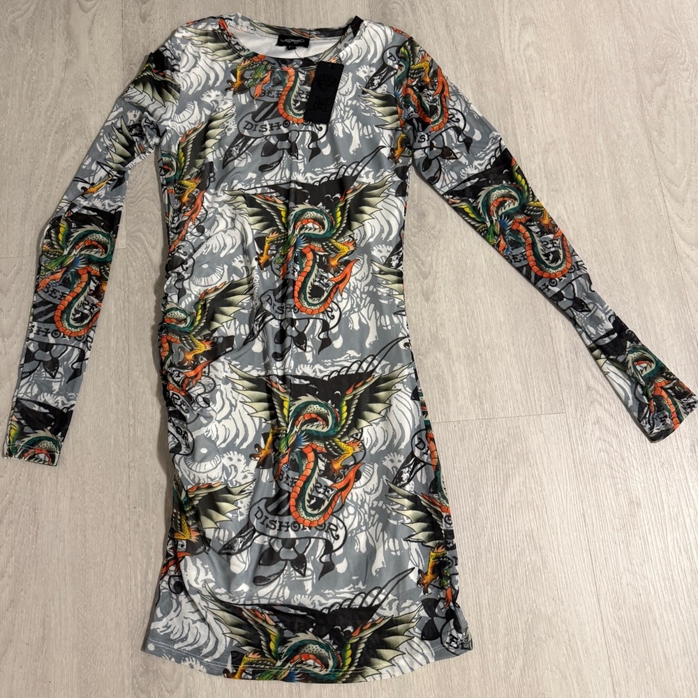 Ed Hardy Gray and Orange Dragon Dress